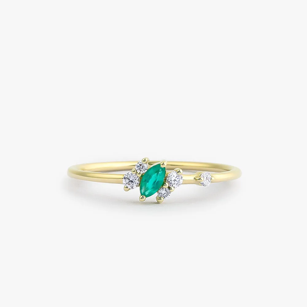 14k Slanted Marquise Emerald and Diamond Ring
