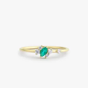 14k Slanted Marquise Emerald and Diamond Ring