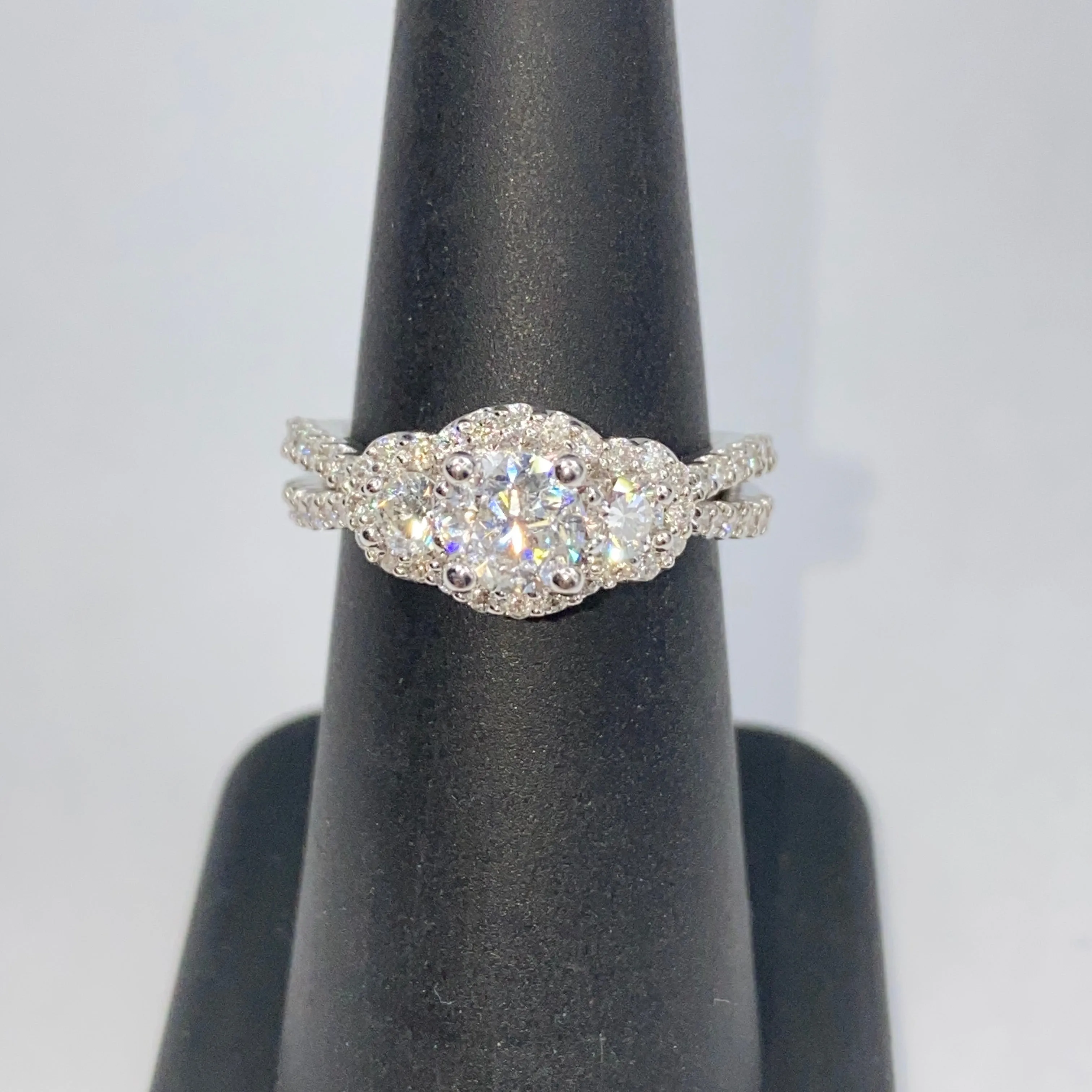 14K Three Stone Halo Diamond Engagement Ring