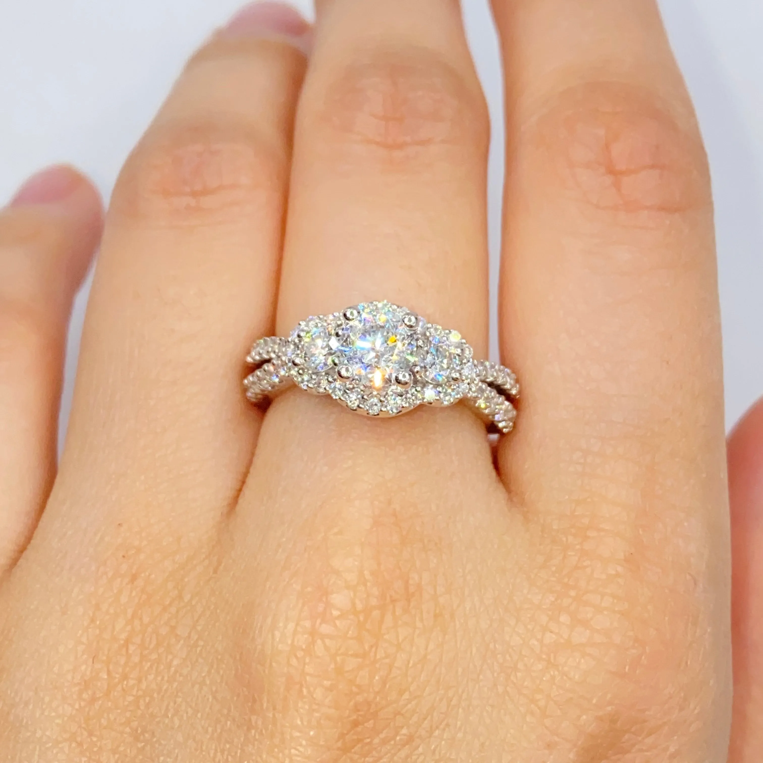 14K Three Stone Halo Diamond Engagement Ring