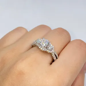 14K Three Stone Halo Diamond Engagement Ring