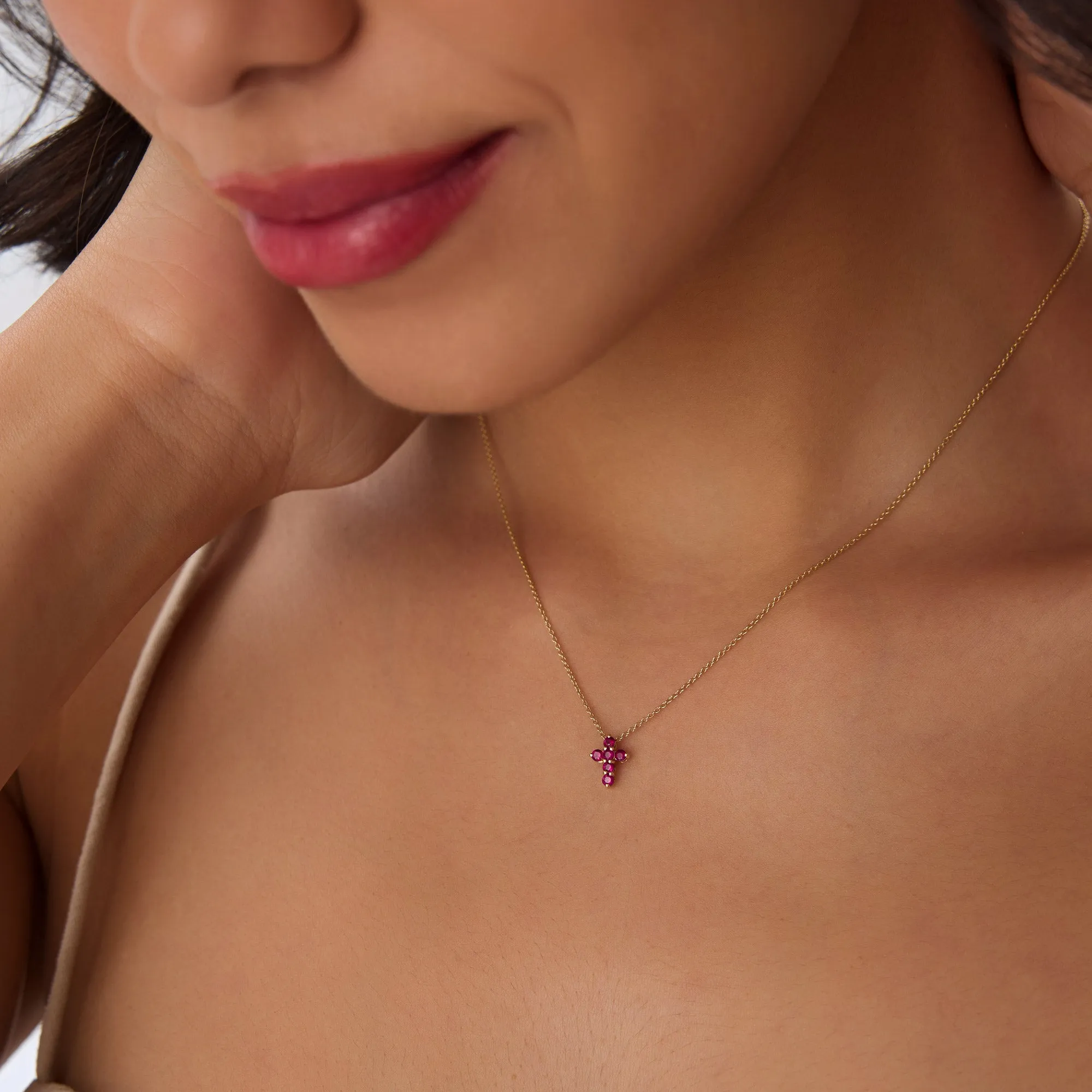 14K Tiny Ruby Cross Necklace