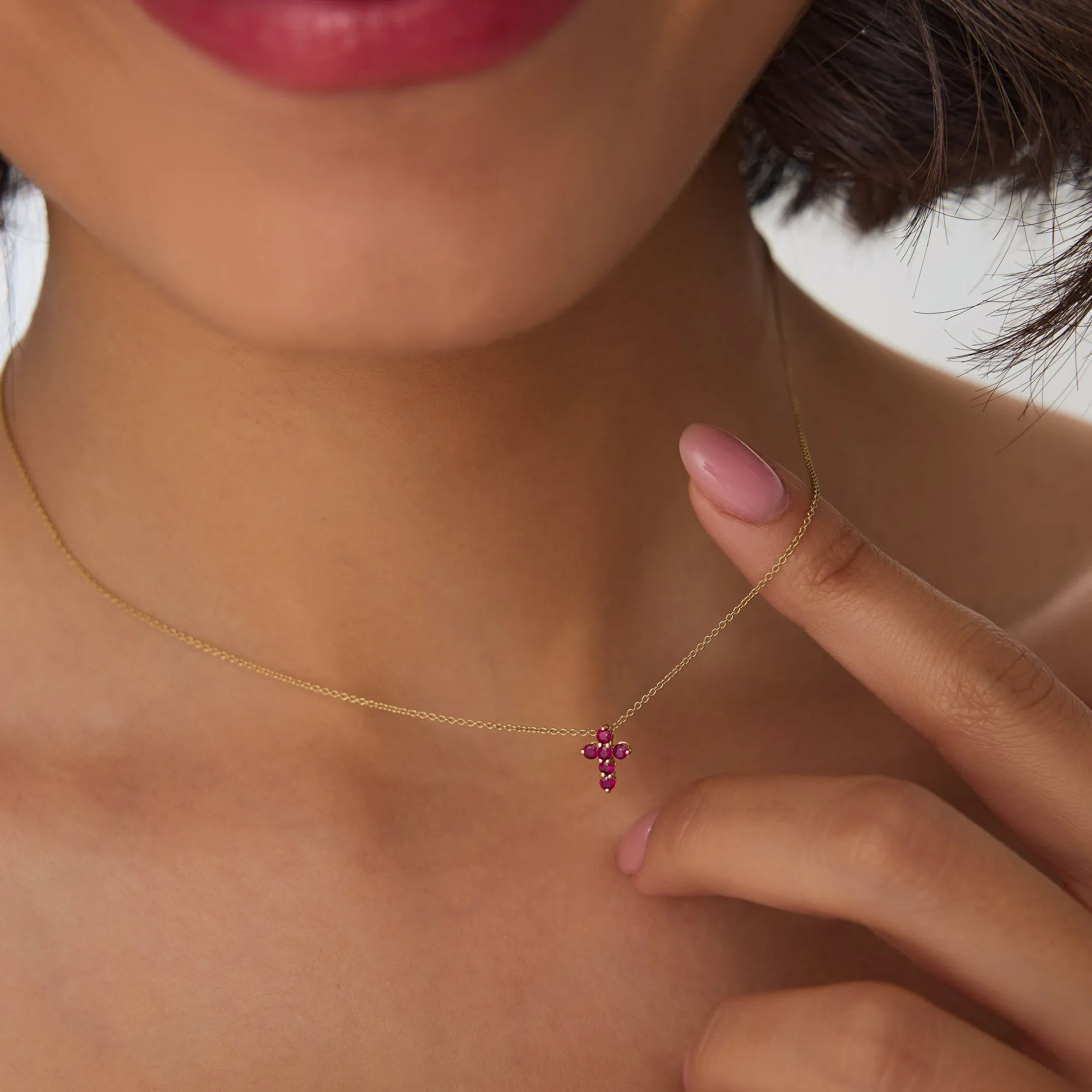 14K Tiny Ruby Cross Necklace