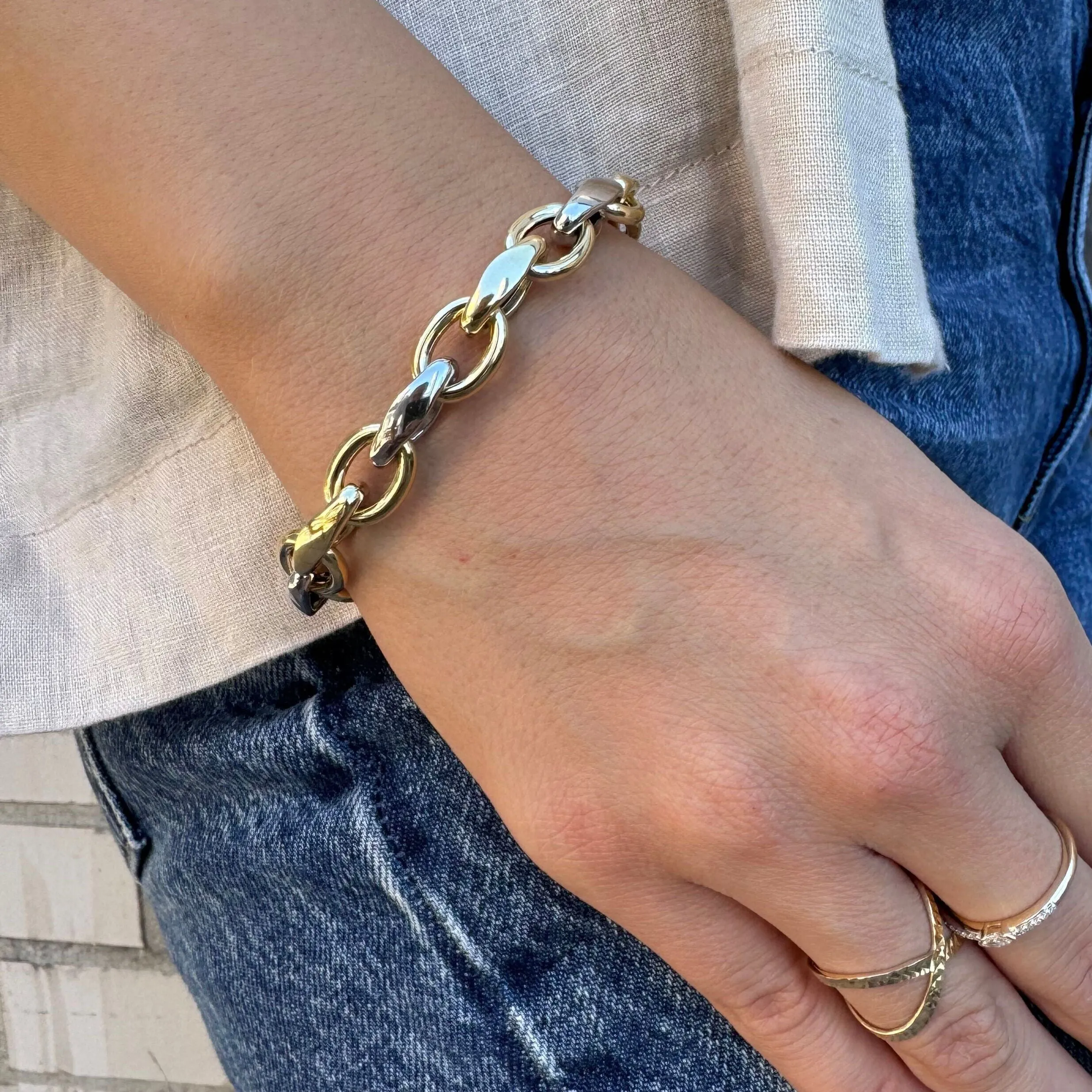 14K Two Tone Gold Oval Rolo Link Bracelet