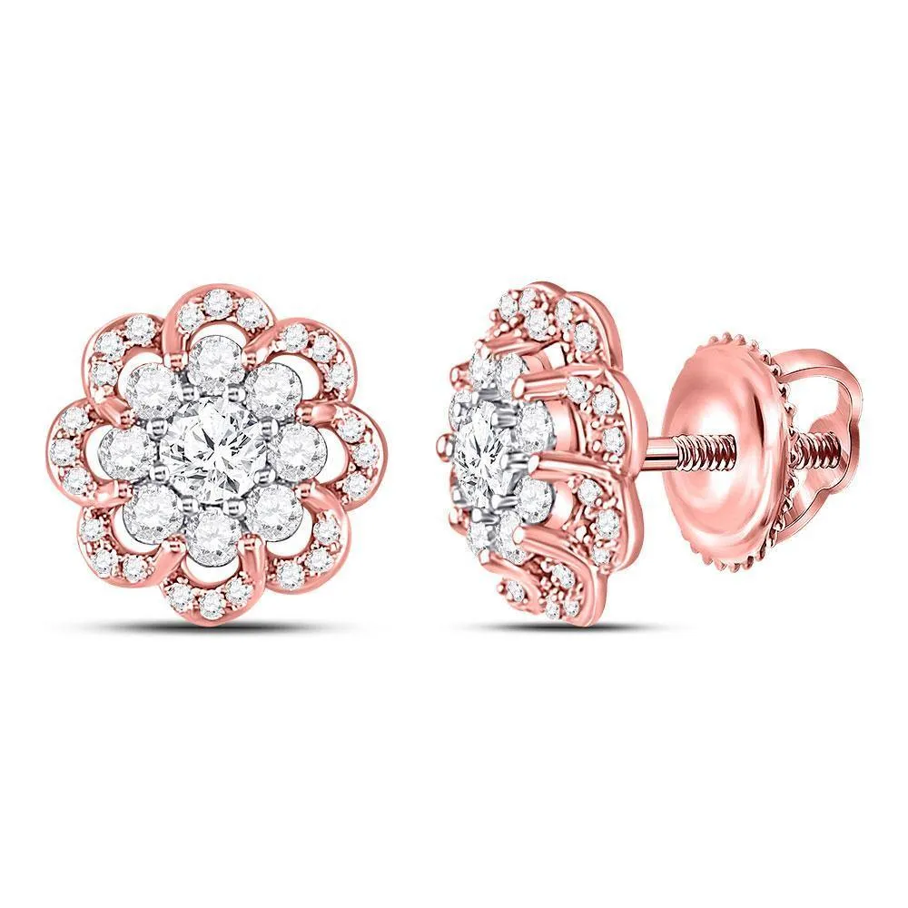 14K Two-tone Gold Round Diamond Flower Cluster Stud Earrings 1.00 Cttw