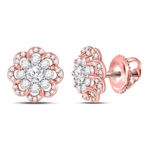 14K Two-tone Gold Round Diamond Flower Cluster Stud Earrings 1.00 Cttw