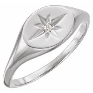 14K White .02 CT Diamond 10x8 mm Oval Starburst Signet Ring