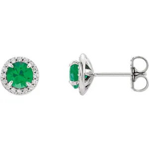 14K White 4 mm Round Chatham® Created Emerald & 1/6 CTW Diamond Earrings