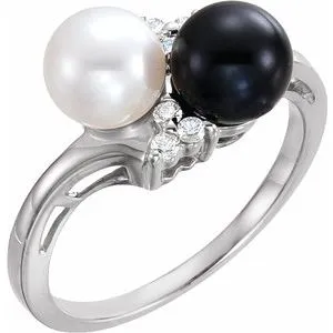 14K White Akoya Cultured Black & White Pearl & 1/10 CTW Diamond Ring