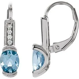 14K White Aquamarine & .08 CTW Diamond Earrings