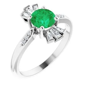 14K White Chatham® Created Emerald & 1/6 CTW Diamond Ring