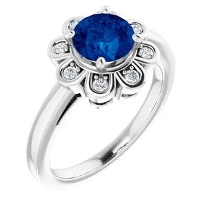 14K White Chatham® Lab-Created Blue Sapphire & 1/8 CTW Diamond Ring
