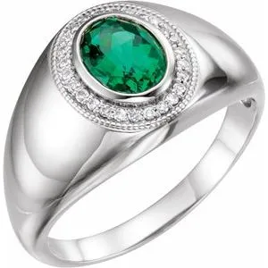 14K White Chatham® Lab-Created Emerald & 1/8 CTW Diamond Halo-Style Ring