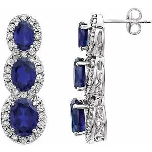 14K White Created Blue Sapphire & .07 CTW Diamond 3-Stone Earrings