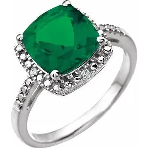 14K White Created Emerald & .03 CTW Diamond Ring
