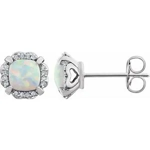 14K White Created Opal & 1/10 CTW Diamond Earrings