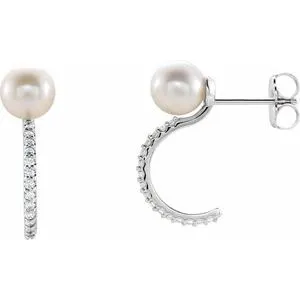14K White Freshwater Cultured Pearl & 1/6 CTW Diamond Hoop Earrings