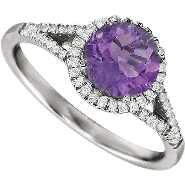 14k White Gold Amethyst & 1/5 CTW Diamond Ring, Size 7