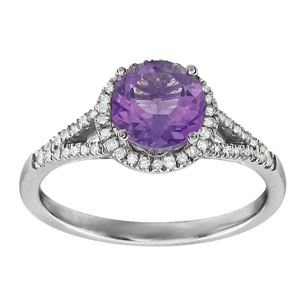 14k White Gold Amethyst & 1/5 CTW Diamond Ring, Size 7