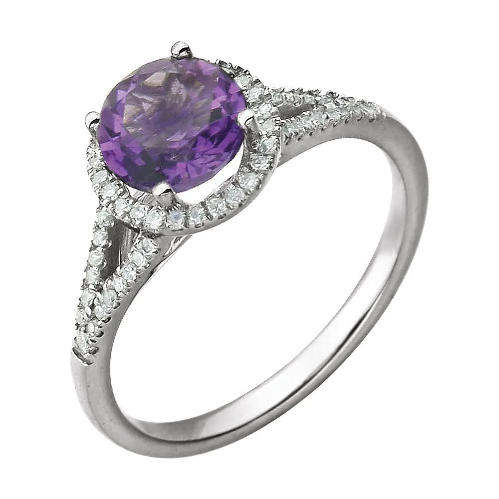 14k White Gold Amethyst & 1/5 CTW Diamond Ring, Size 7