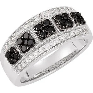 14k White Gold Black Rhodium Plated 3/4 CTW Black & White Diamond Ring, Size 7