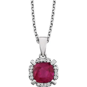 14k White Gold Created Ruby & .05 CTW Diamond 18" Necklace
