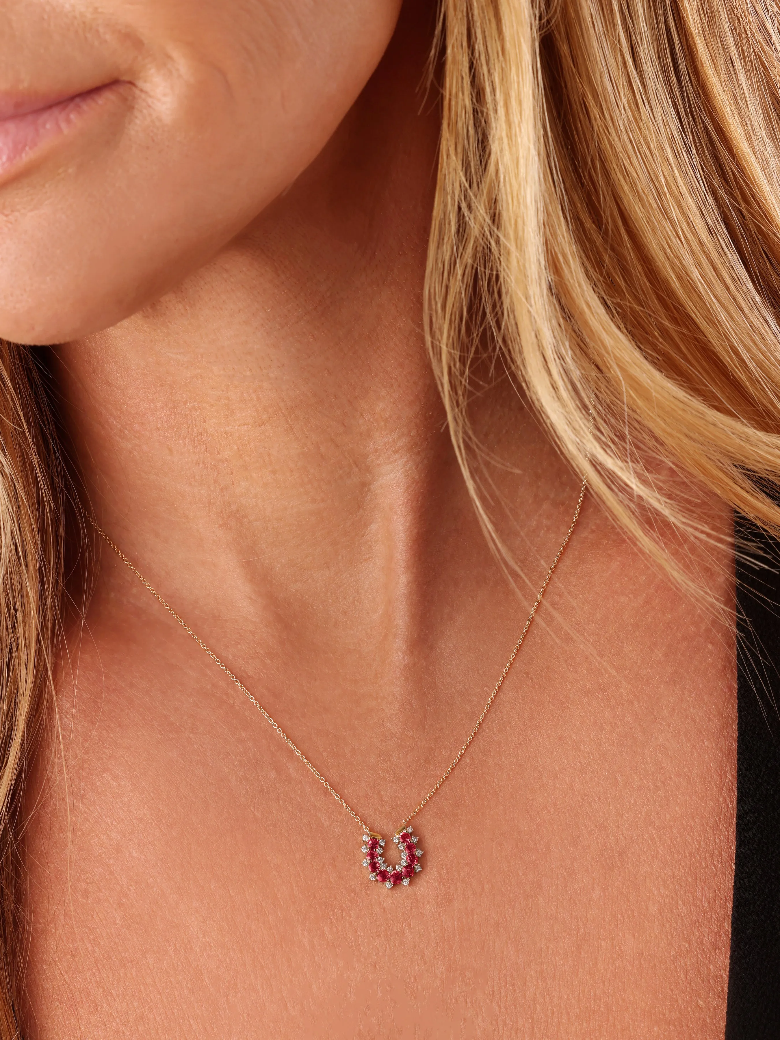 14k White Gold Diamond/Ruby Lucky Horseshoe Necklace