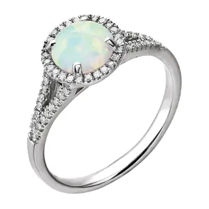 14k White Gold Lab Grown Opal and 1/6 CTW Diamond Ring , Size 7