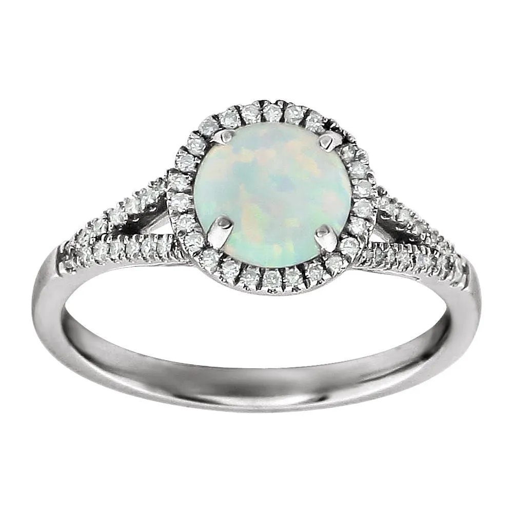 14k White Gold Lab Grown Opal and 1/6 CTW Diamond Ring , Size 7