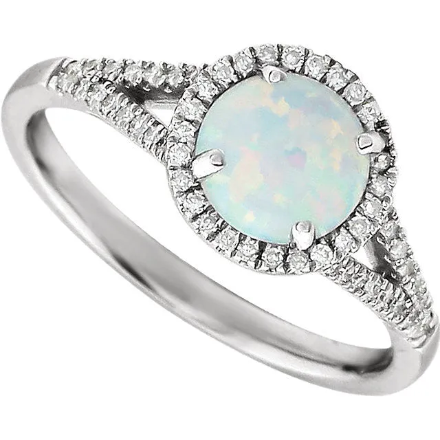 14k White Gold Lab Grown Opal and 1/6 CTW Diamond Ring , Size 7