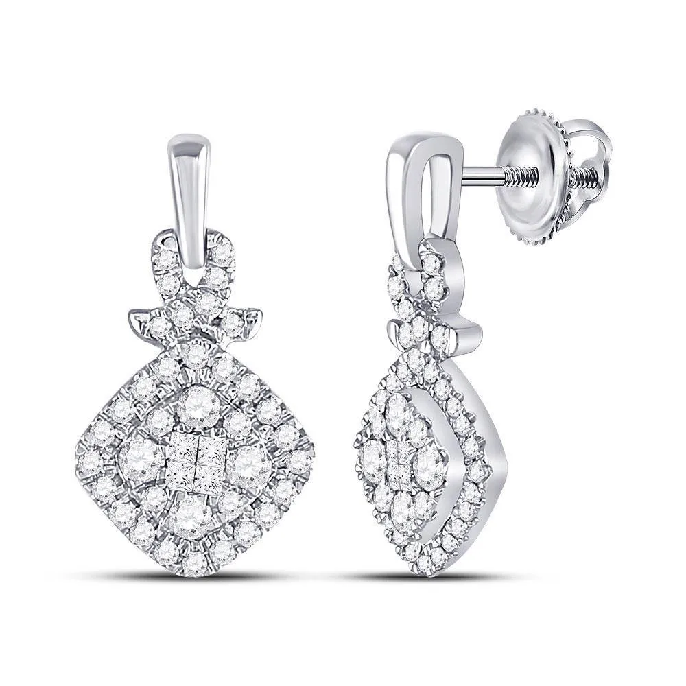 14K White Gold Princess Diamond Soleil Square Frame Cluster Dangle Earrings 1/2 Cttw
