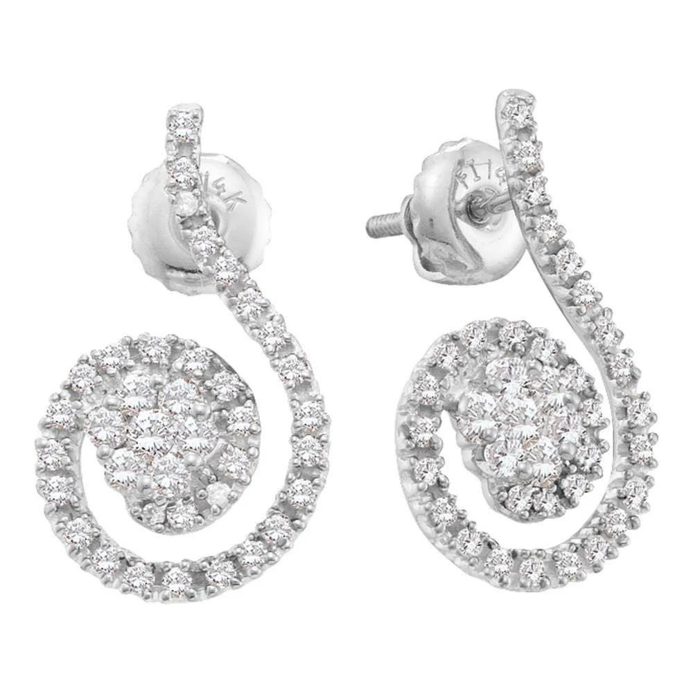 14K White Gold Round Diamond Curled Flower Cluster Earrings 1/2 Cttw