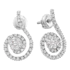 14K White Gold Round Diamond Curled Flower Cluster Earrings 1/2 Cttw