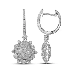 14K White Gold Round Diamond Starburst Cluster Dangle Hoop Earrings 2-1/4 Cttw
