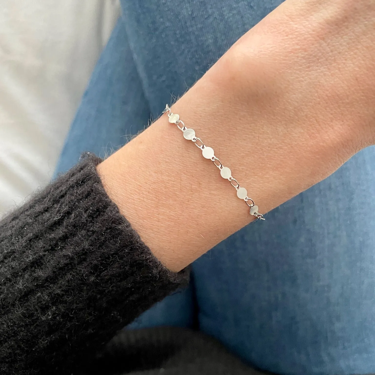 14K White Gold Round Mirror Link Bracelet