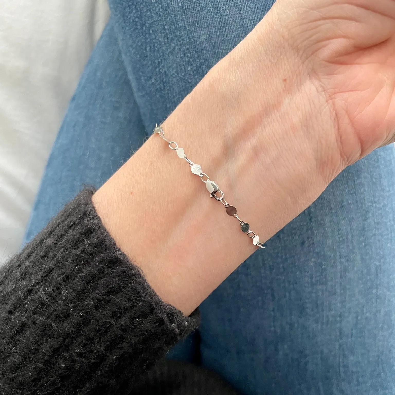 14K White Gold Round Mirror Link Bracelet