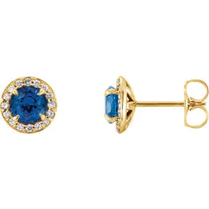 14K Yellow 5 mm Round Chatham® Created Sapphire & 1/6 CTW Diamond Earrings