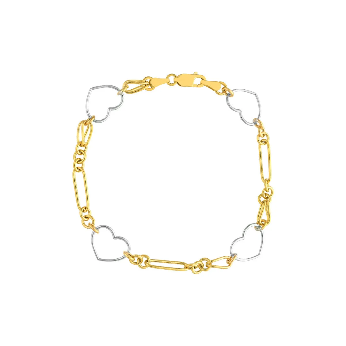 14k Yellow and White Gold Heart Link Bracelet