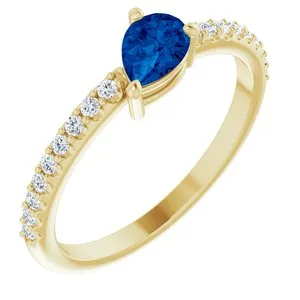 14K Yellow Chatham® Created  Blue Sapphire & 1/6 CTW Diamond Ring