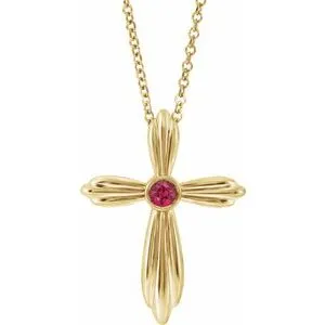 14K Yellow Chatham® Lab-Created Ruby Cross 16-18" Necklace