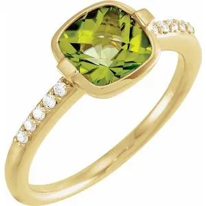 14K Yellow Checkerboard Peridot & 1/10 CTW Diamond Ring Size 7