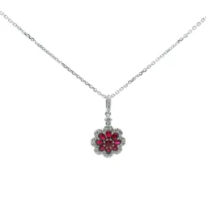14K Yellow Gold 0.90cttw.Ruby & 0.25cttw. Diamond Floral Pendant Necklace