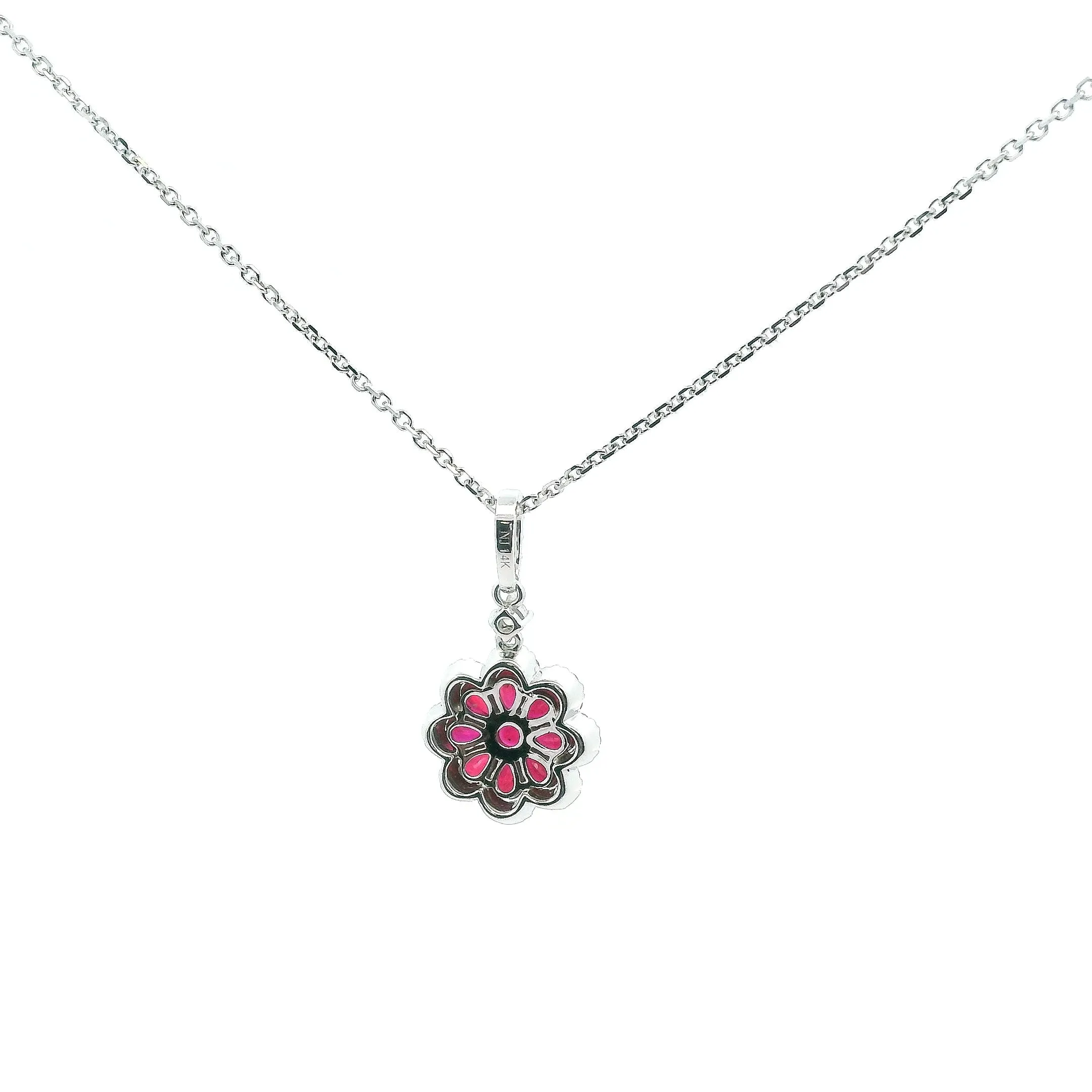 14K Yellow Gold 0.90cttw.Ruby & 0.25cttw. Diamond Floral Pendant Necklace