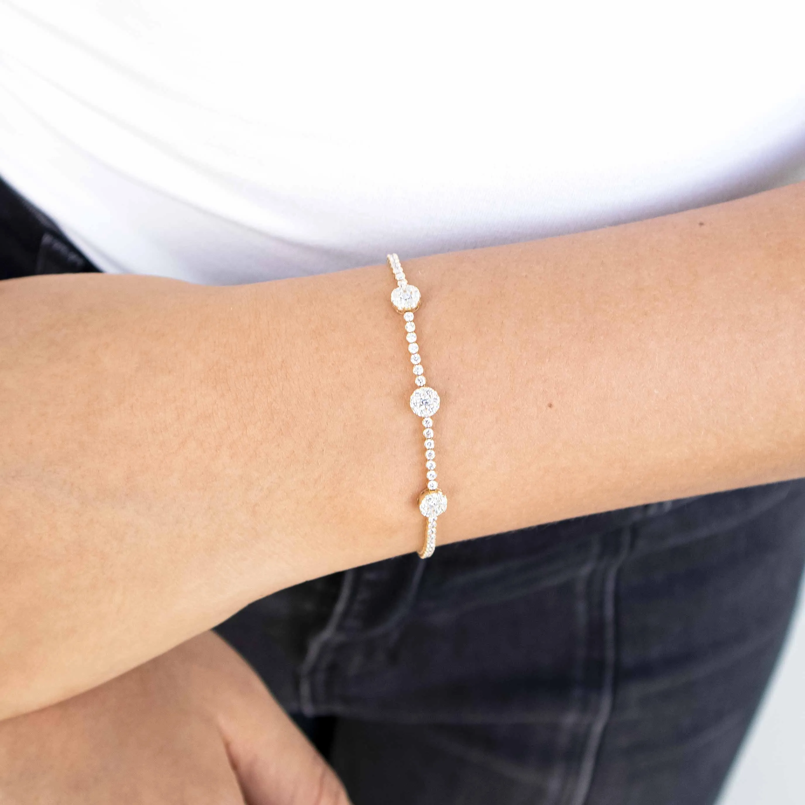 14K Yellow Gold Diamond Tennis Bracelets With 3 Clusters