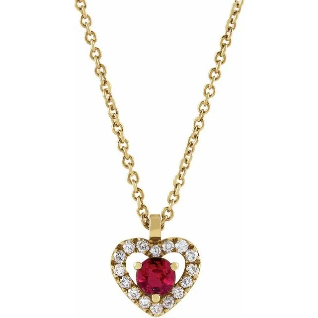 14K Yellow Gold Natural Ruby & .06 CTW Natural Diamond Heart 18" Necklace
