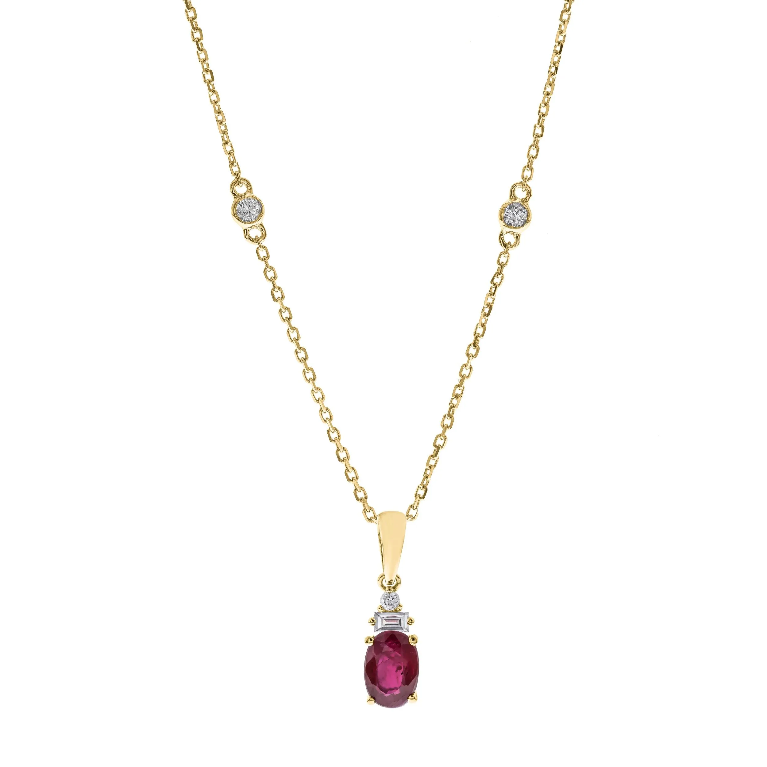 14k Yellow Gold Oval Cut Ruby and Diamond Accented Necklace