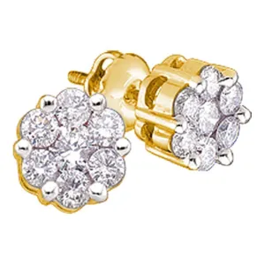 14K Yellow Gold Round Diamond Flower Cluster Earrings 1/4 Cttw