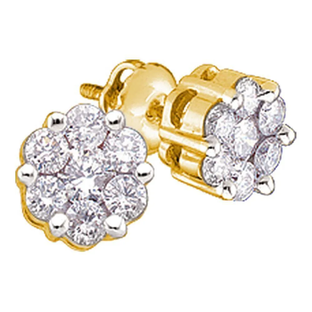 14K Yellow Gold Round Diamond Flower Cluster Earrings 1/4 Cttw