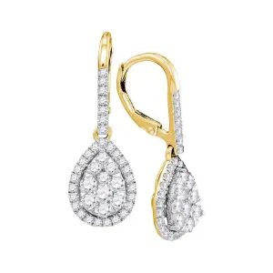 14K Yellow Gold Round Diamond Leverback Teardrop Dangle Earrings 1-3/8 Cttw
