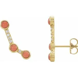 14K Yellow Pink Coral & .01 CTW Diamond Scattered Cabochon Ear Climbers